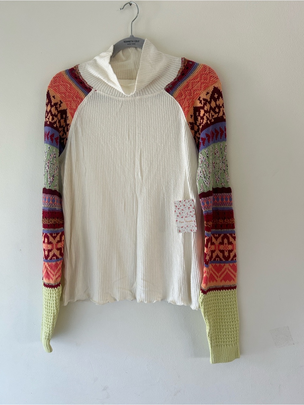 Free People Cream Cowl Neck Sweater with Colorful Patterned Sleeves - Picture 3 of 13